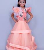 Pink printed net kids-girl-gowns