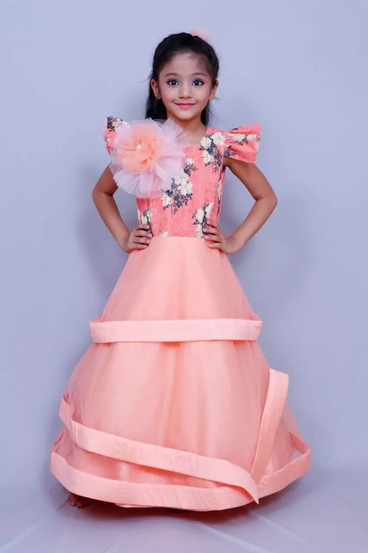 Pink printed net kids-girl-gowns