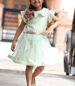 Green embroidered net kids-frocks