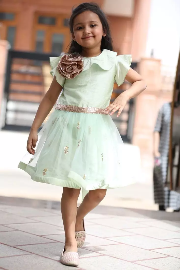 Green embroidered net kids-frocks