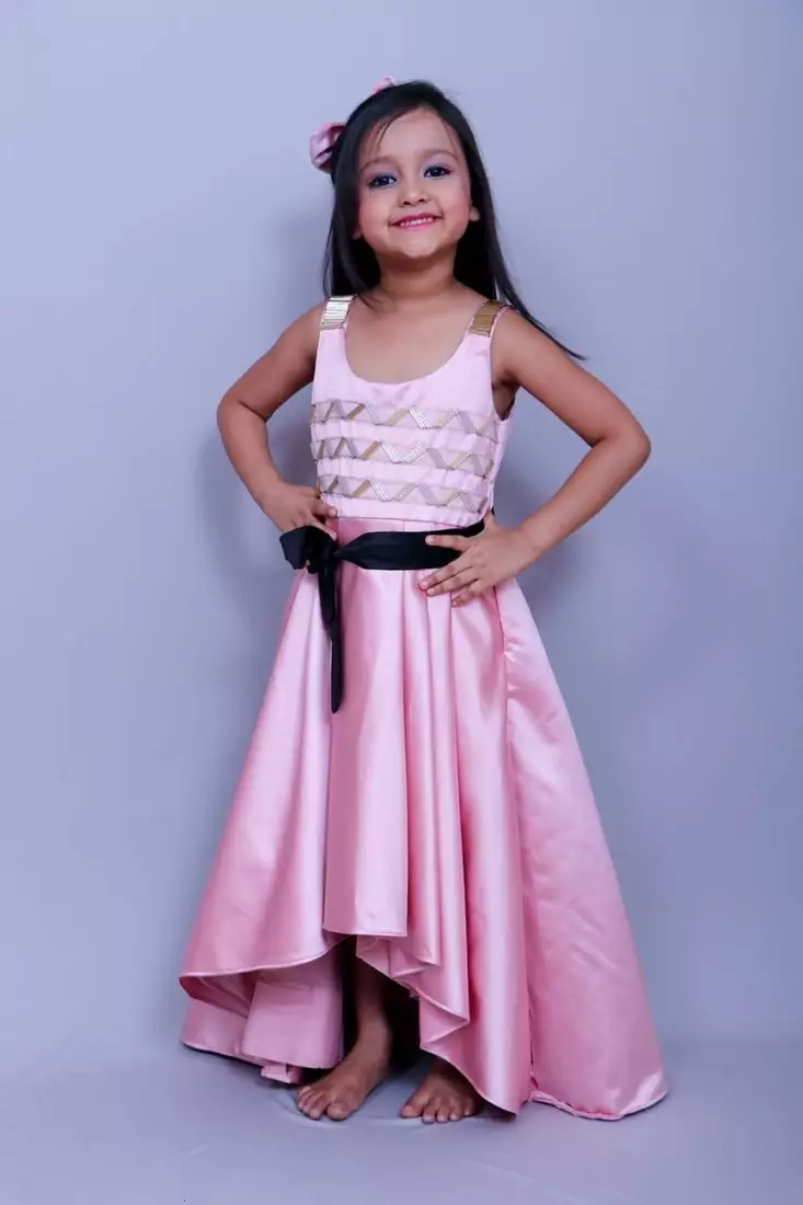 Pink plain satin kids-frocks