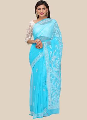 Ada Blue Hand Embroidered Faux Georgette Lucknowi Chikankari Indian Women Saree With Blouse - A191647 1