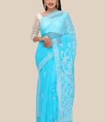 Ada Blue Hand Embroidered Faux Georgette Lucknowi Chikankari Indian Women Saree With Blouse - A191647