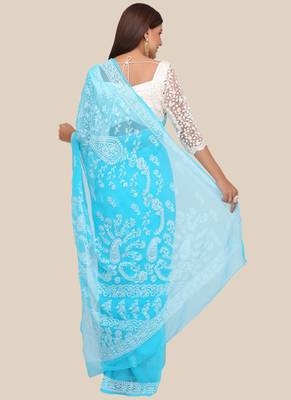 Ada Blue Hand Embroidered Faux Georgette Lucknowi Chikankari Indian Women Saree With Blouse - A191647 2