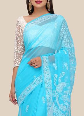 Ada Blue Hand Embroidered Faux Georgette Lucknowi Chikankari Indian Women Saree With Blouse - A191647 3