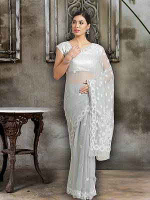 Grey Hand Embroidered Faux Georgette Lucknowi Chikankari Indian Women Saree With Blouse 1