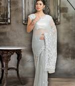 Grey Hand Embroidered Faux Georgette Lucknowi Chikankari Indian Women Saree With Blouse
