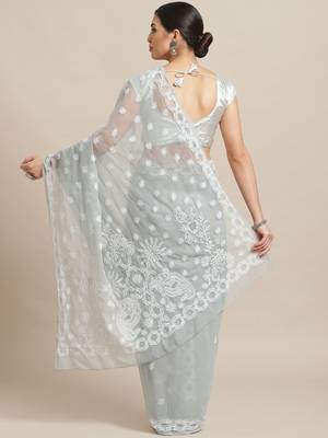 Grey Hand Embroidered Faux Georgette Lucknowi Chikankari Indian Women Saree With Blouse 2