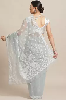 Grey Hand Embroidered Faux Georgette Lucknowi Chikankari Indian Women Saree With Blouse