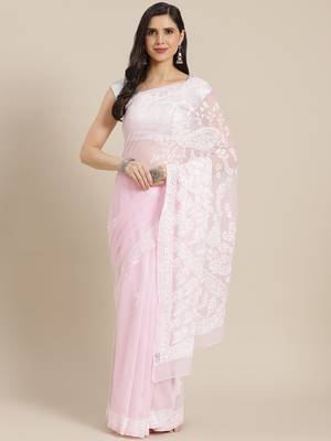 ADA Hand Embroidered Pink Faux Georgette Women Saree With Blouse - A204502 1