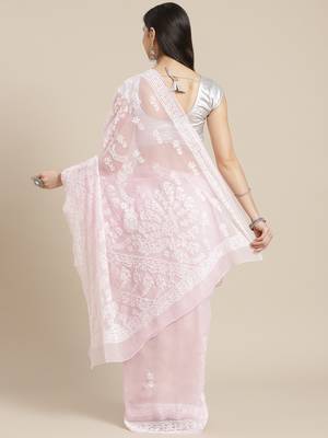 ADA Hand Embroidered Pink Faux Georgette Women Saree With Blouse - A204502 2
