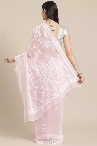 ADA Hand Embroidered Pink Faux Georgette Women Saree With Blouse - A204502