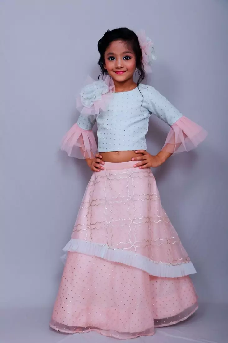 Light pink embroidered organza stitched lehenga