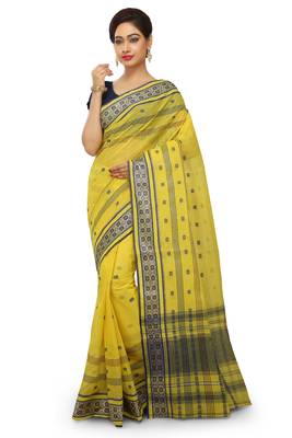 Yellow plain cotton saree without blouse 1