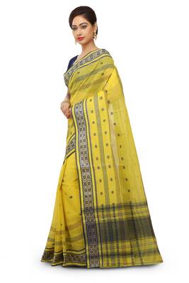 Yellow plain cotton saree without blouse 2