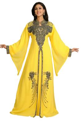 Yellow  georgette embroidered zari work islamic kaftan 1