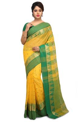 Yellow plain cotton saree without blouse 1