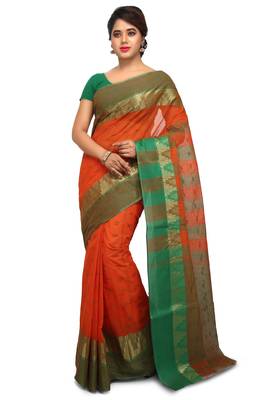 Orange plain cotton saree without blouse 1
