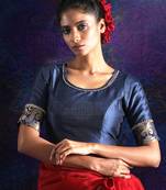 Navy Blue Dupion And Brocade Blouse With Zari