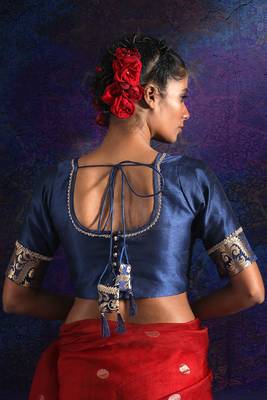 Navy Blue Dupion And Brocade Blouse With Zari 2