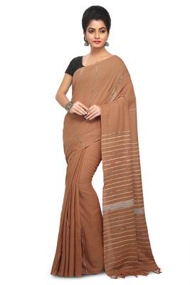 Brown hand woven cotton saree without blouse 1