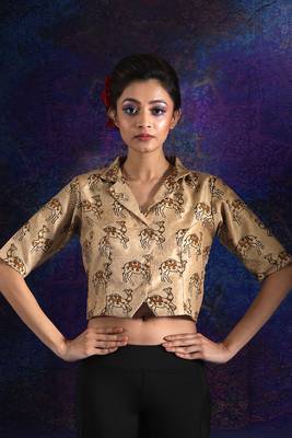 Beige Camel Printed Silk Blouse With Collar 1