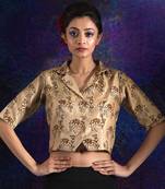 Beige Camel Printed Silk Blouse With Collar