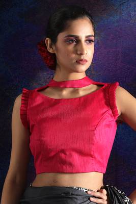 Pink Sleeveless Dupion Blouse With Frills 1