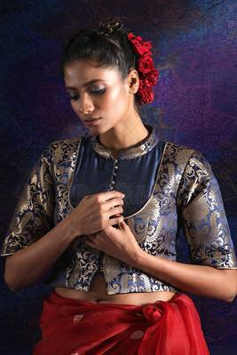 Navy Blue Brocade And Dupion Blouse With Zari 1