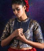 Navy Blue Brocade And Dupion Blouse With Zari