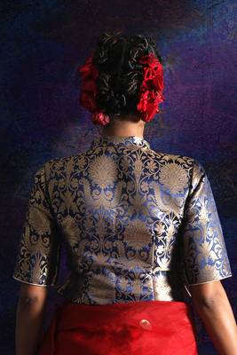 Navy Blue Brocade And Dupion Blouse With Zari 2