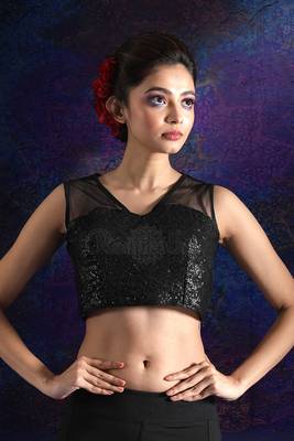 Black Sleeveless Dupion Blouse With Sequins 1