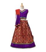 Brown Printed Dupion Silk Stitched Lehenga