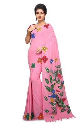 Pink hand woven cotton saree without blouse 1