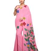 Pink hand woven cotton saree without blouse