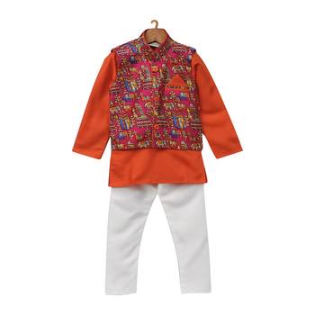 Orange Printed Cotton Poly Boys Kurta Pyjama 1