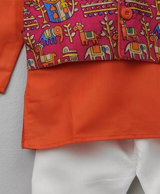 Orange Printed Cotton Poly Boys Kurta Pyjama 4