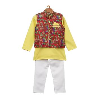 Yellow Printed Cotton Poly Boys Kurta Pyjama 1