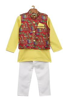Yellow Printed Cotton Poly Boys Kurta Pyjama