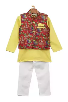 Yellow Printed Cotton Poly Boys Kurta Pyjama