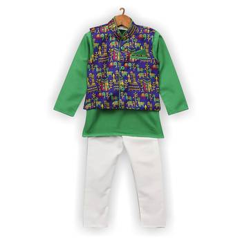 Green Printed Cotton Poly Boys Kurta Pyjama 1