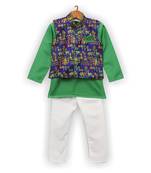 Green Printed Cotton Poly Boys Kurta Pyjama
