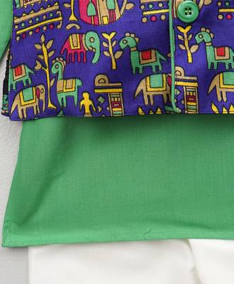 Green Printed Cotton Poly Boys Kurta Pyjama 4