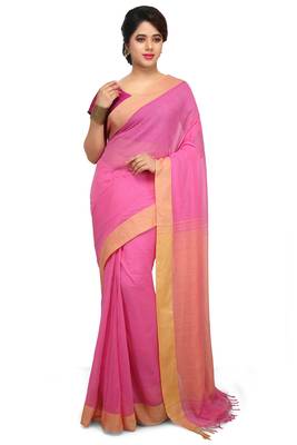 Pink plain cotton silk saree without blouse 1