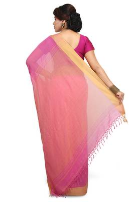 Pink plain cotton silk saree without blouse 2