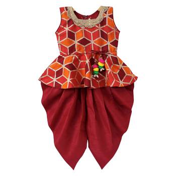 Maroon Woven Art Silk Top With Dhoti For Girls 1