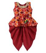 Maroon Woven Art Silk Top With Dhoti For Girls