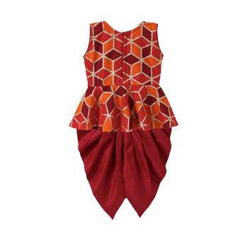 Maroon Woven Art Silk Top With Dhoti For Girls 2