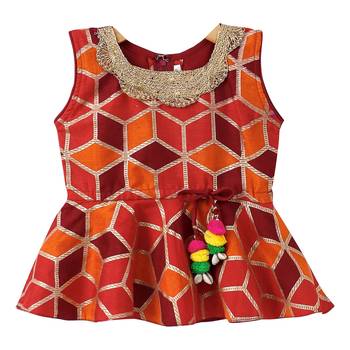 Maroon Woven Art Silk Top With Dhoti For Girls 3