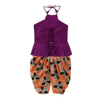 Purple Plain Art Silk Top With Dhoti For Girls 2